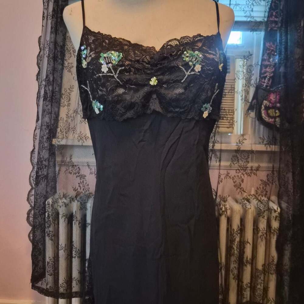 Vintage 90s Beaded Lace Slip Dress Black Floral Sequins